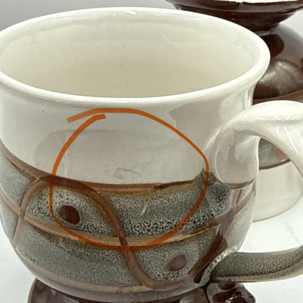 2 Vtg Stoneware Pottery Glaze Footed Brown & Greenish Gray Studio Clay Mugs Read